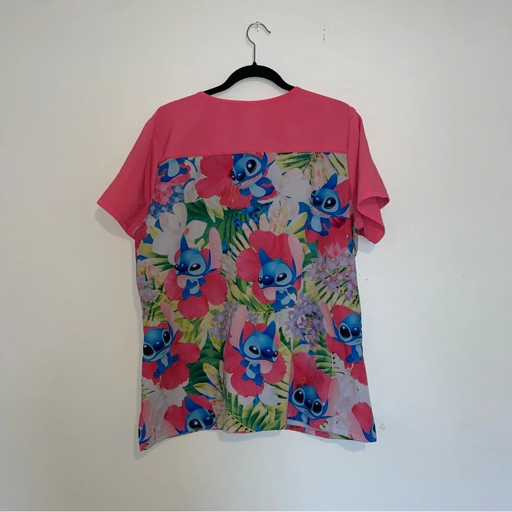 Disney Lilo & Stitch Pink and Blue Short Sleeve Tee Scrubs Top - Picture 4 of 4